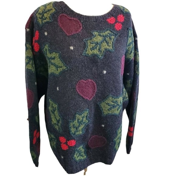Vintage 90s Chunky 100% Wool Dark Gray Heart Sweater Holly Berries Sz Large - Picture 1 of 10